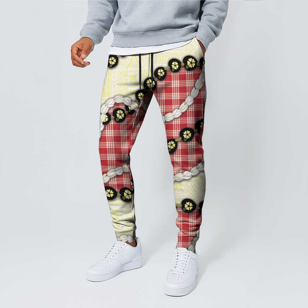Red Palaka Hawaii Jogger Pants Kukui Nut Pikake Lei Hawaiian Tapa Pattern - Polynesian Pride