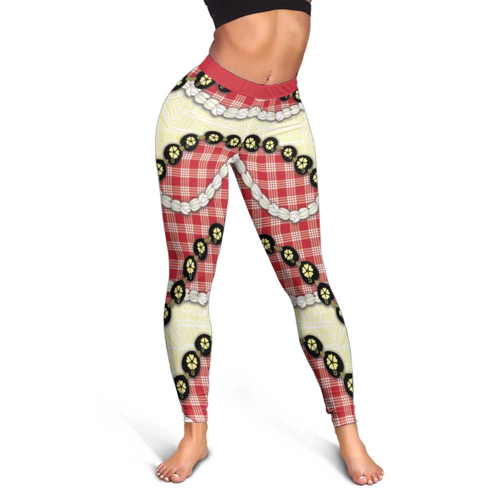 Red Palaka Hawaii Leggings Kukui Nut Pikake Lei Hawaiian Tapa Pattern - Polynesian Pride