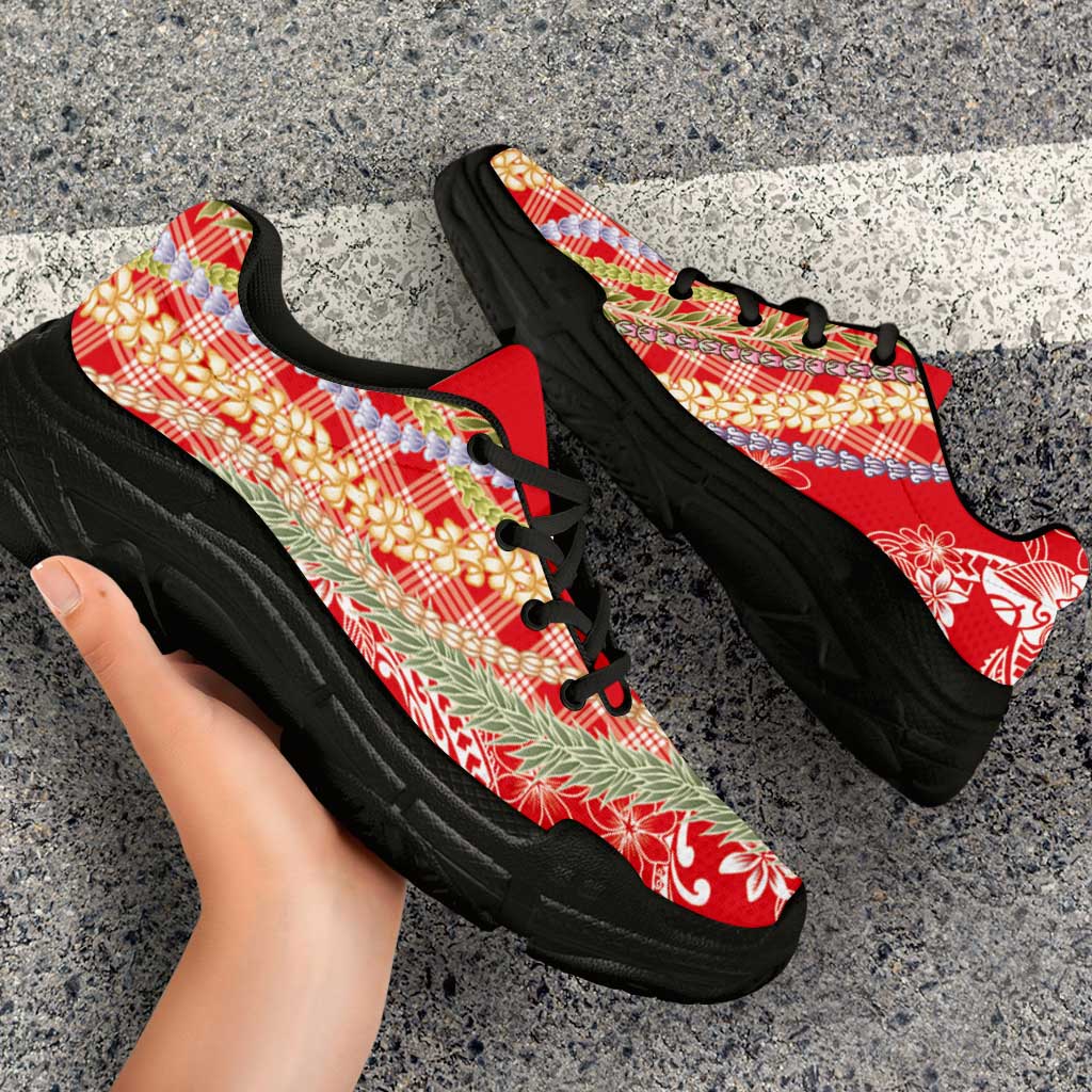 Red Palaka Hawaii Leis Chunky Sneakers Hawaiian-plaid Elegant Tropical Vibes