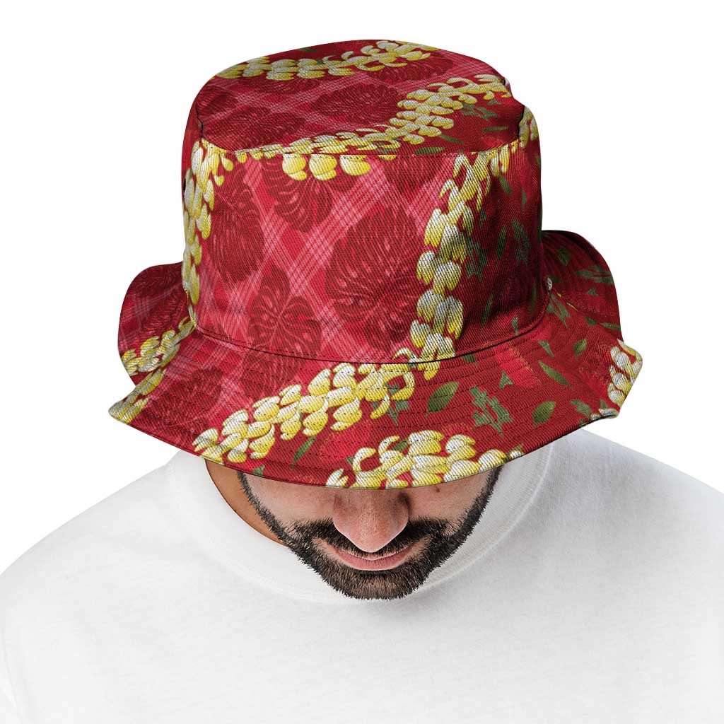 Red Palaka Hawaii Mele Kalikimaka Bucket Hat Ohia Lehua Monstera Puakenikeni Lei - Polynesian Pride