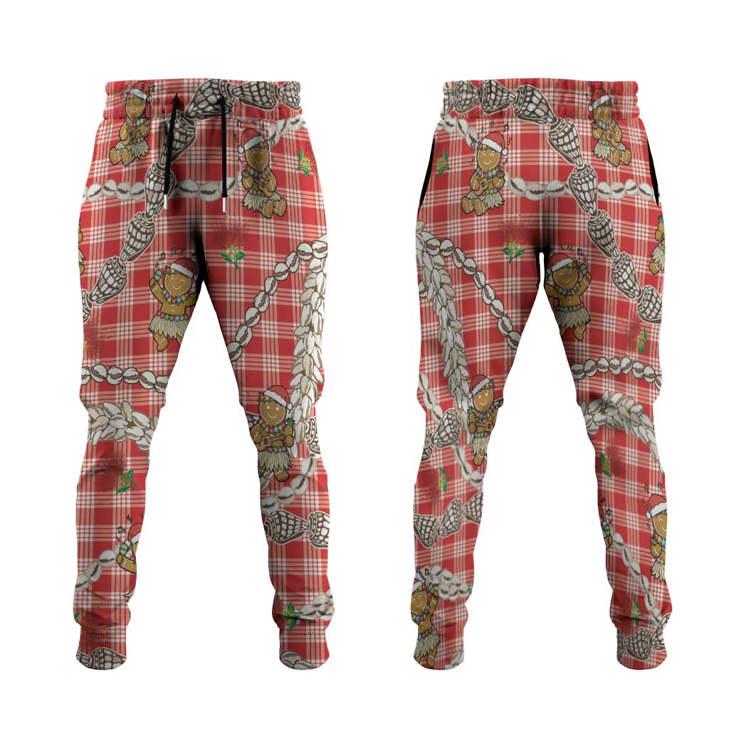Red Palaka Hawaii Mele Kalikimaka Jogger Pants Ohia Lehua Shell Leis Funny Gingerbread Santa - Polynesian Pride