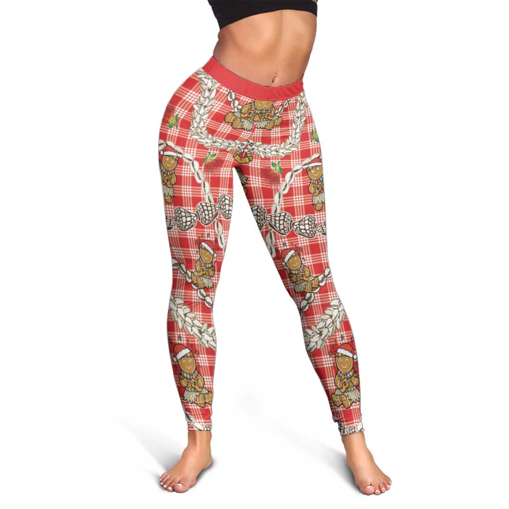 Red Palaka Hawaii Mele Kalikimaka Leggings Ohia Lehua Shell Leis Funny Gingerbread Santa LT14 - Polynesian Pride