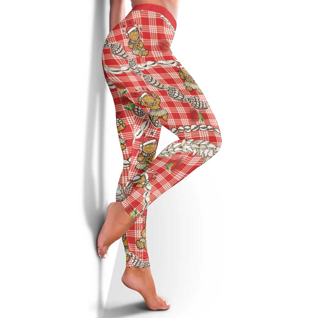 Red Palaka Hawaii Mele Kalikimaka Leggings Ohia Lehua Shell Leis Funny Gingerbread Santa LT14 - Polynesian Pride