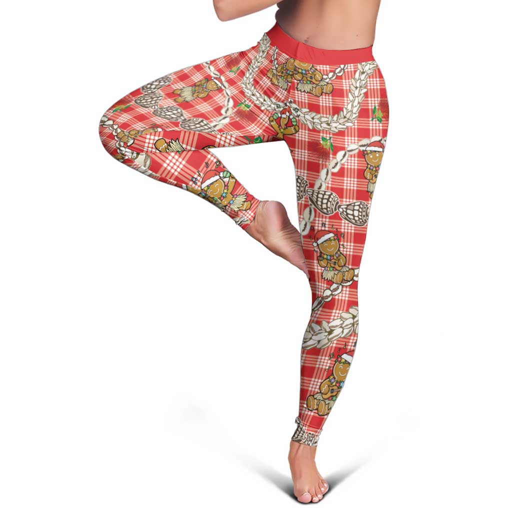 Red Palaka Hawaii Mele Kalikimaka Leggings Ohia Lehua Shell Leis Funny Gingerbread Santa LT14 - Polynesian Pride