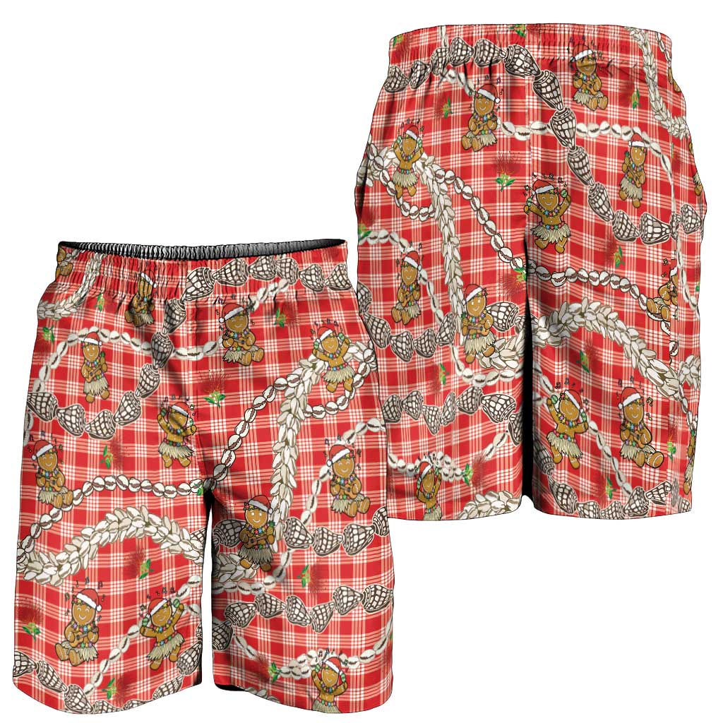 Red Palaka Hawaii Mele Kalikimaka Shorts for Men Ohia Lehua Shell Leis Funny Gingerbread Santa LT14 - Polynesian Pride
