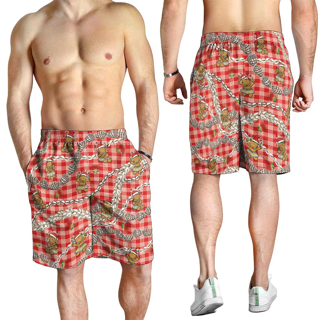 Red Palaka Hawaii Mele Kalikimaka Shorts for Men Ohia Lehua Shell Leis Funny Gingerbread Santa LT14 - Polynesian Pride