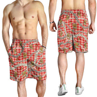 Red Palaka Hawaii Mele Kalikimaka Shorts for Men Ohia Lehua Shell Leis Funny Gingerbread Santa LT14 - Polynesian Pride