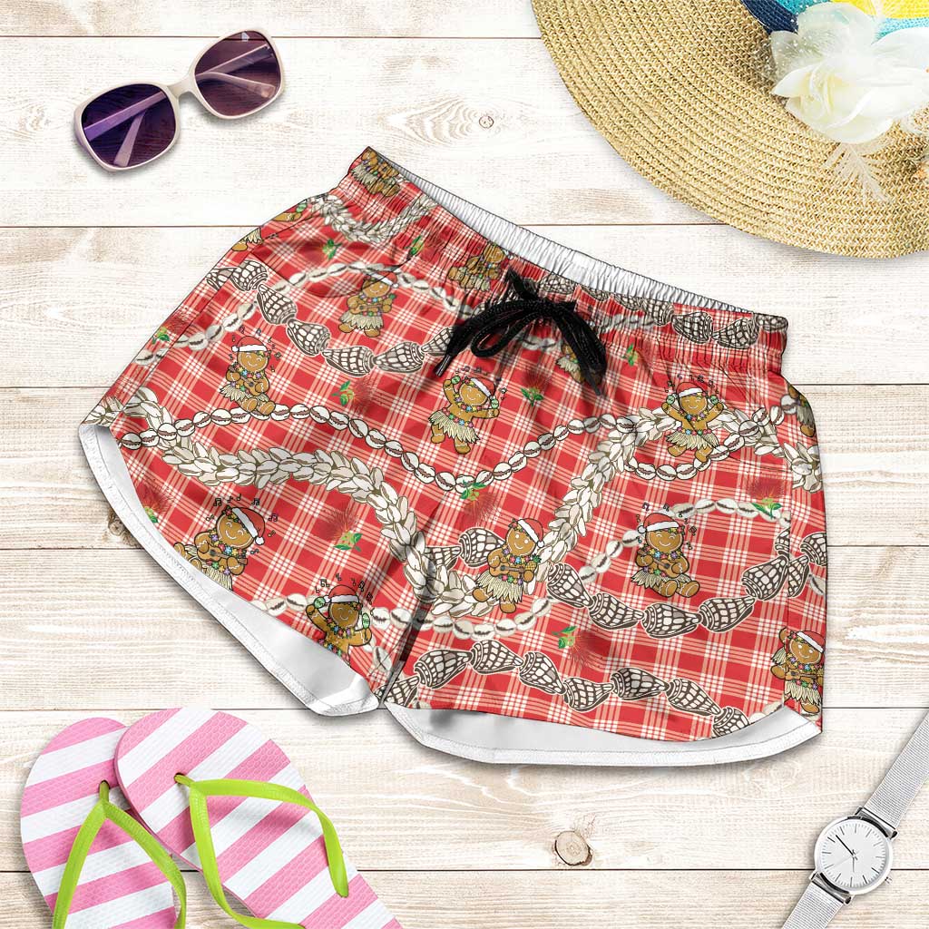Red Palaka Hawaii Mele Kalikimaka Shorts for Women Ohia Lehua Shell Leis Funny Gingerbread Santa - Polynesian Pride