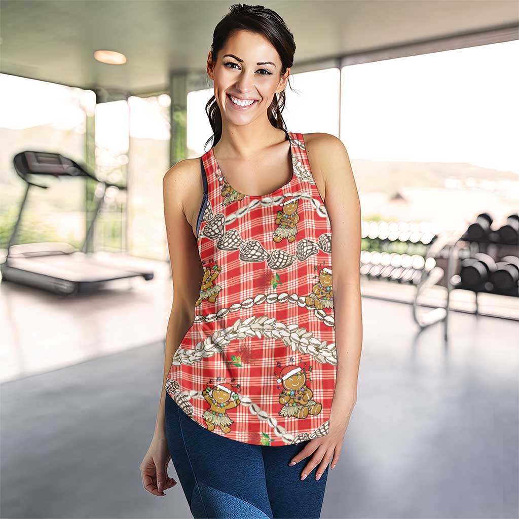 Red Palaka Hawaii Mele Kalikimaka Women Racerback Tank Ohia Lehua Shell Leis Funny Gingerbread Santa - Polynesian Pride