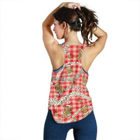 Red Palaka Hawaii Mele Kalikimaka Women Racerback Tank Ohia Lehua Shell Leis Funny Gingerbread Santa - Polynesian Pride