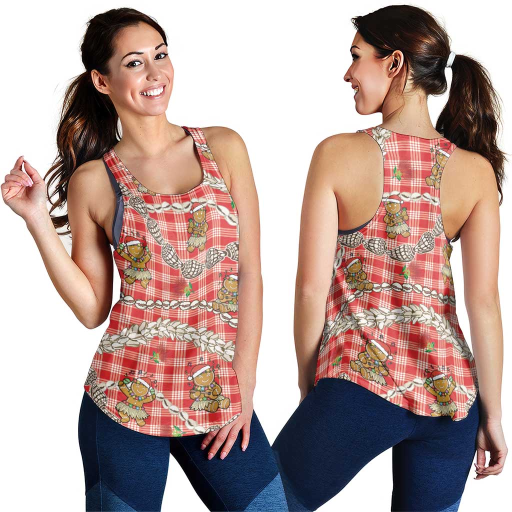 Red Palaka Hawaii Mele Kalikimaka Women Racerback Tank Ohia Lehua Shell Leis Funny Gingerbread Santa - Polynesian Pride