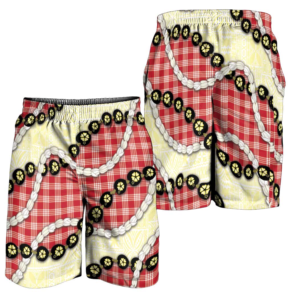Red Palaka Hawaii Shorts for Men Kukui Nut Pikake Lei Hawaiian Tapa Pattern - Polynesian Pride