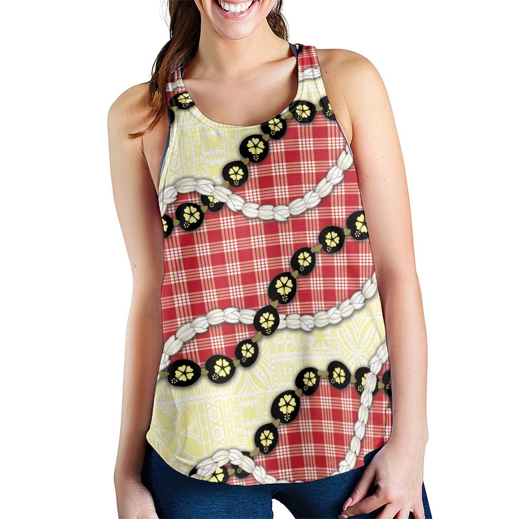 Red Palaka Hawaii Women Racerback Tank Kukui Nut Pikake Lei Hawaiian Tapa Pattern - Polynesian Pride