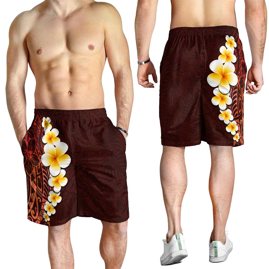 Red Polynesia Shorts for Men Plumeria Tropical Leaves With Galaxy Polynesian Art - Polynesian Pride