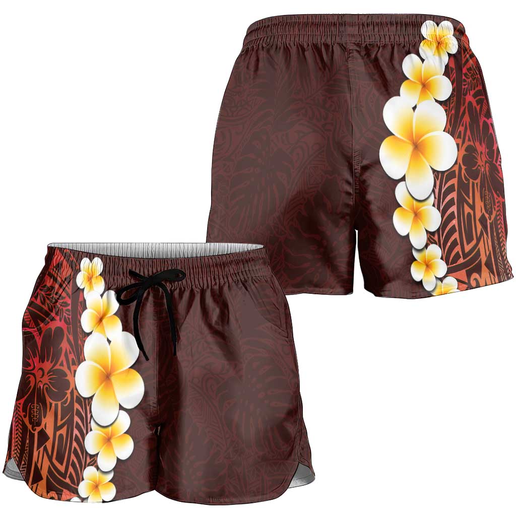 Red Polynesia Shorts for Women Plumeria Tropical Leaves With Galaxy Polynesian Art - Polynesian Pride