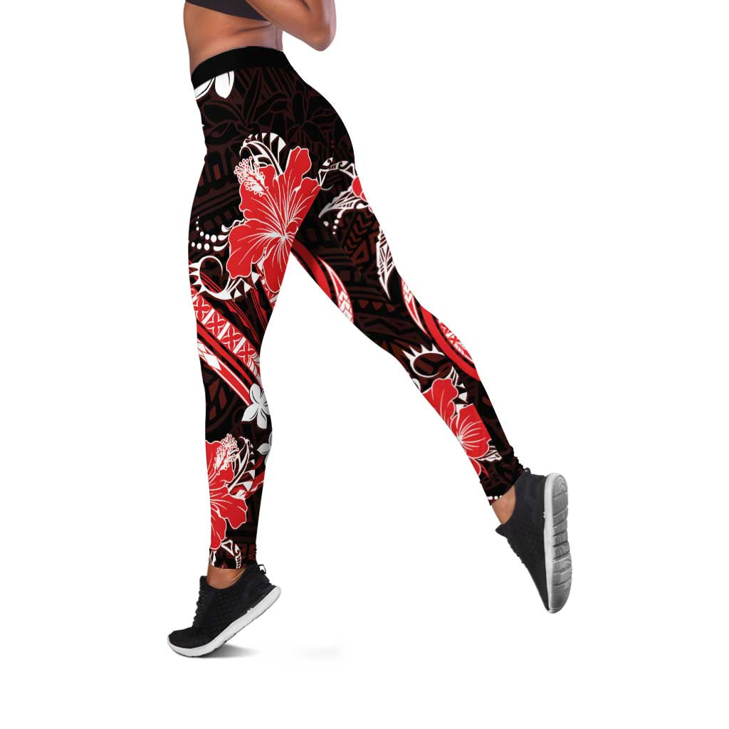 Red Polynesian Pattern With Tropical Flowers Leggings - Polynesian Pride