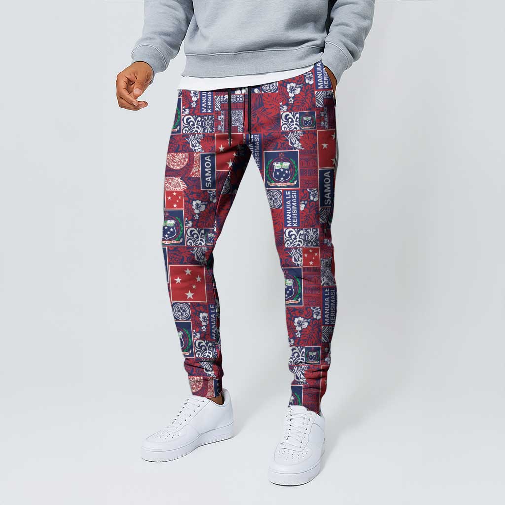 Red Samoa Manuia Le Kerisimasi Jogger Pants Pacific Patchwork Xmas Vibes - Polynesian Pride