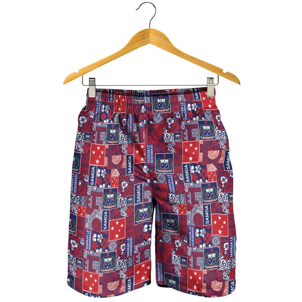 Red Samoa Manuia Le Kerisimasi Shorts for Men Pacific Patchwork Xmas Vibes - Polynesian Pride