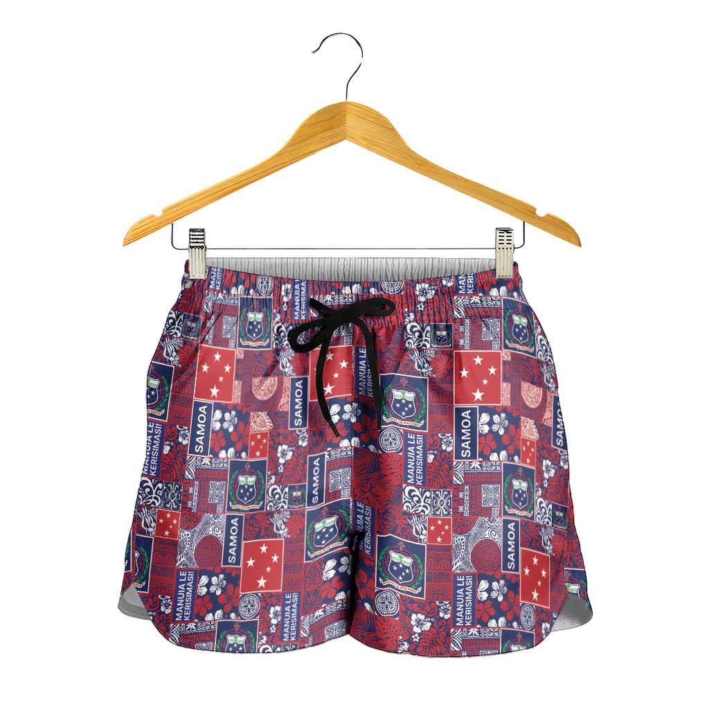 Red Samoa Manuia Le Kerisimasi Shorts for Women Pacific Patchwork Xmas Vibes - Polynesian Pride