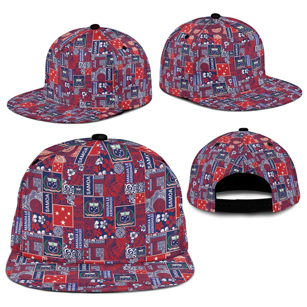 Red Samoa Manuia Le Kerisimasi Snapback Cap Pacific Patchwork Xmas Vibes - Polynesian Pride