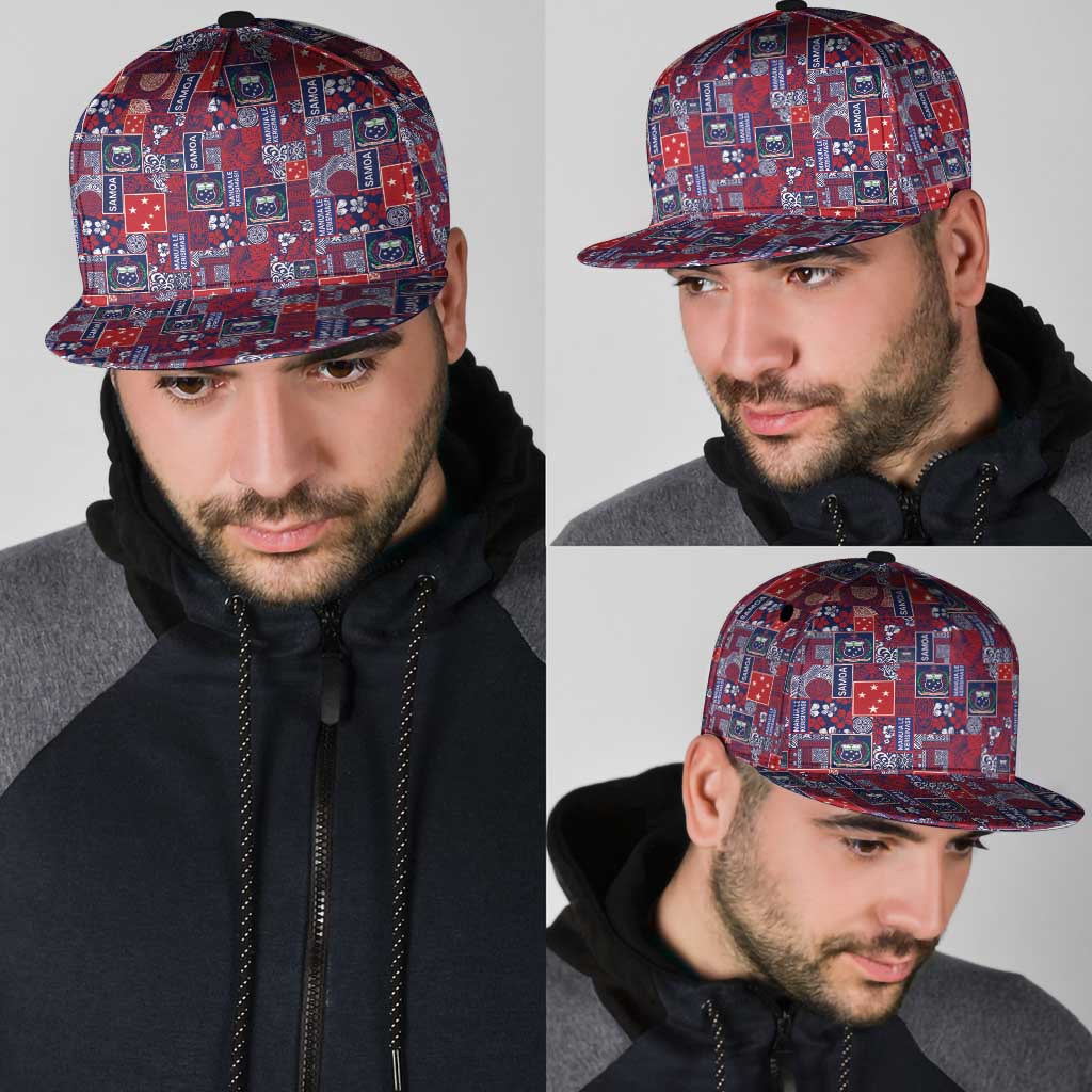 Red Samoa Manuia Le Kerisimasi Snapback Cap Pacific Patchwork Xmas Vibes - Polynesian Pride