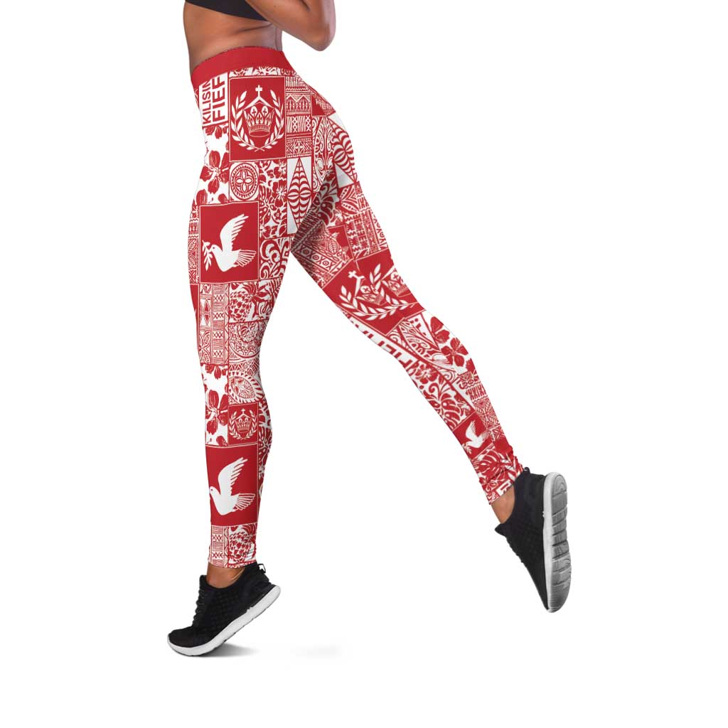 Red Tonga Kilisimasi Fiefia Leggings Pacific Patchwork Xmas Vibes - Polynesian Pride