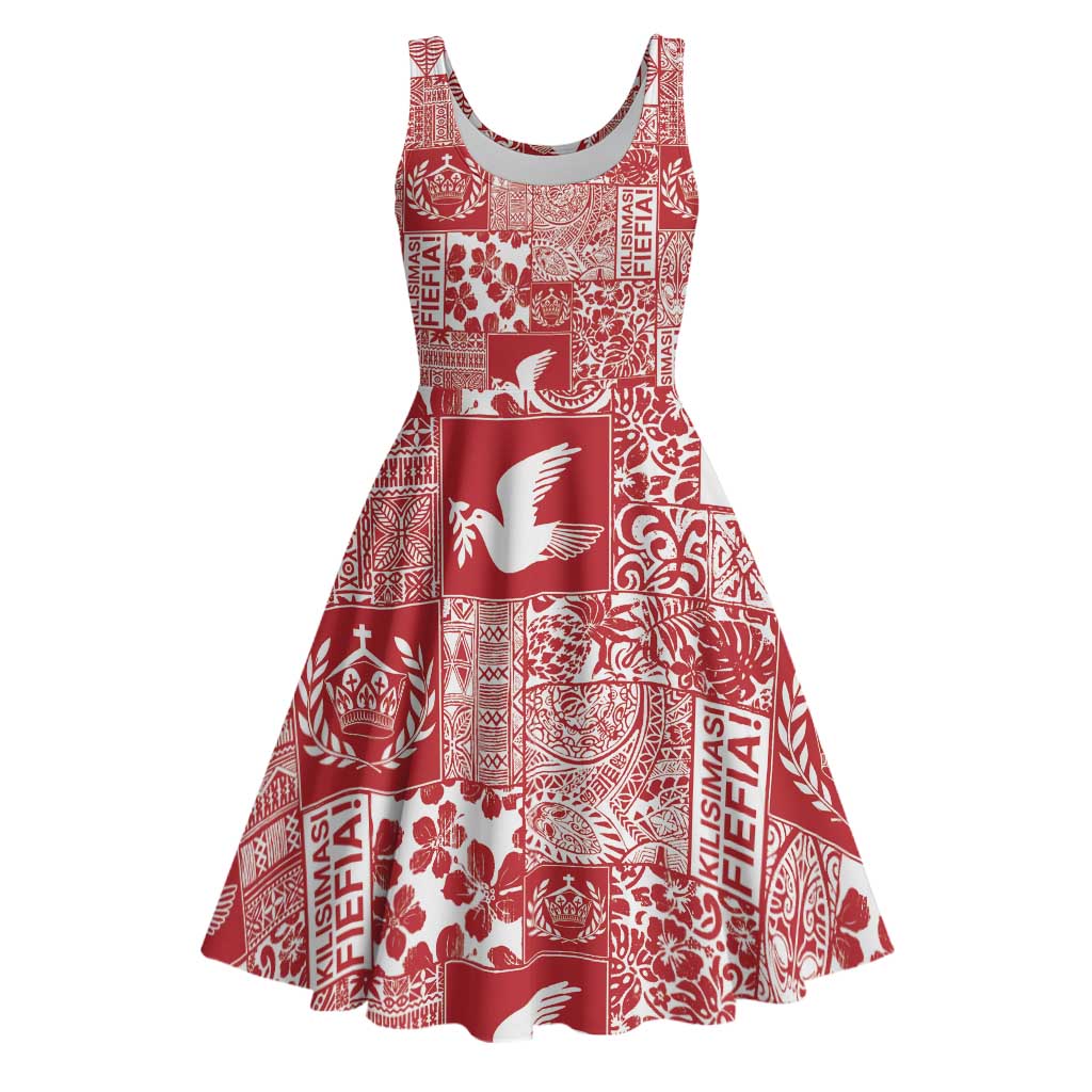 Red Tonga Kilisimasi Fiefia Midi Dress Pacific Patchwork Xmas Vibes - Polynesian Pride