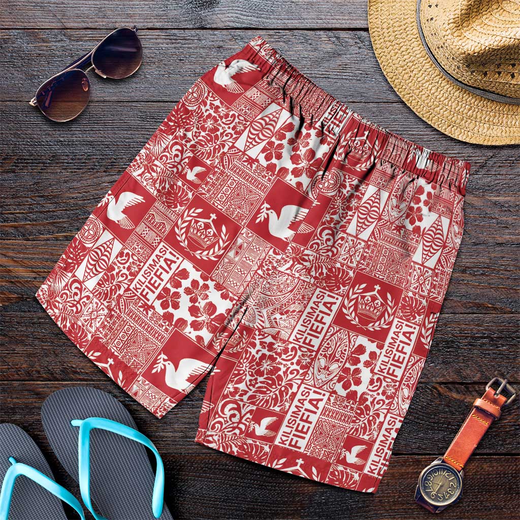 Red Tonga Kilisimasi Fiefia Shorts for Men Pacific Patchwork Xmas Vibes - Polynesian Pride
