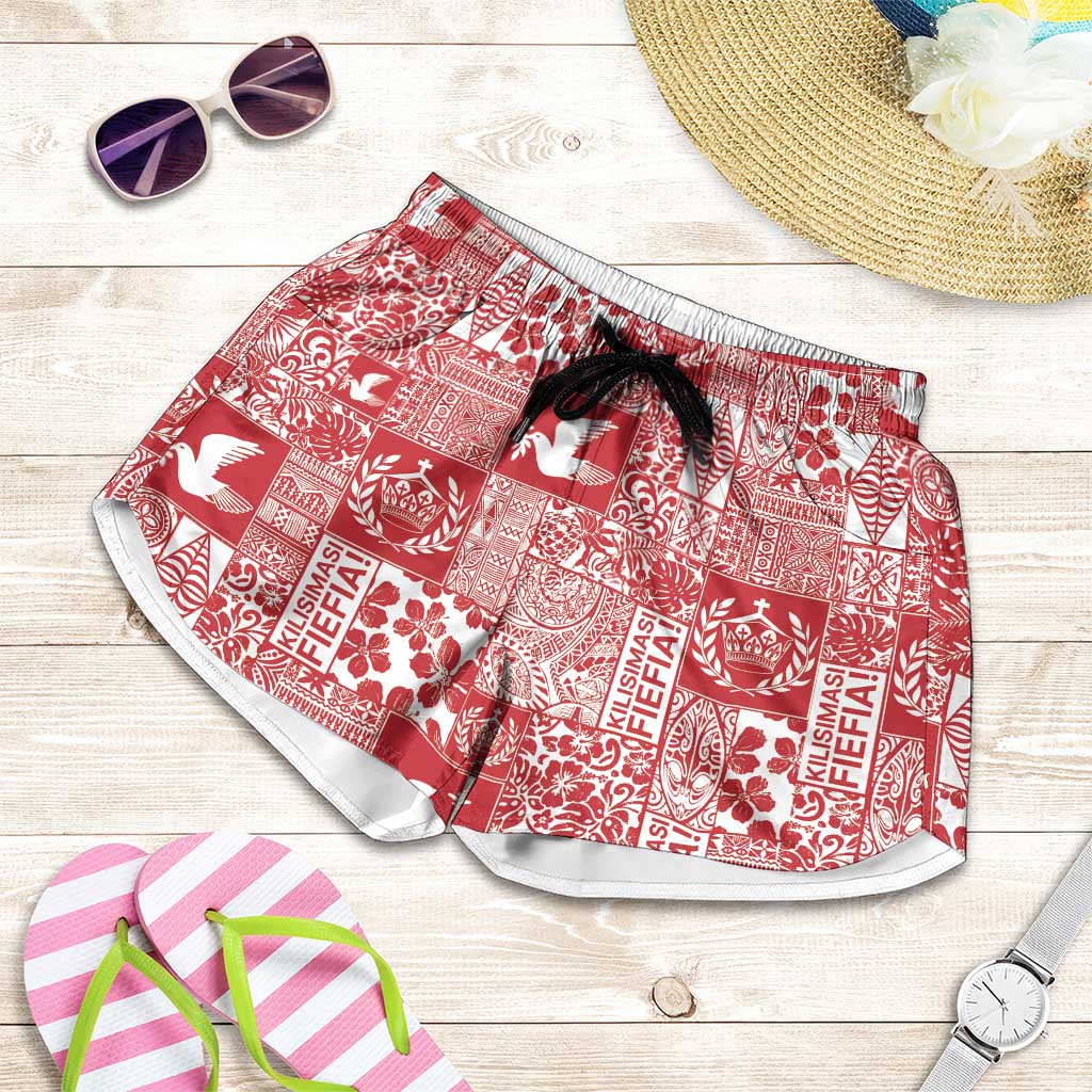 Red Tonga Kilisimasi Fiefia Shorts for Women Pacific Patchwork Xmas Vibes - Polynesian Pride