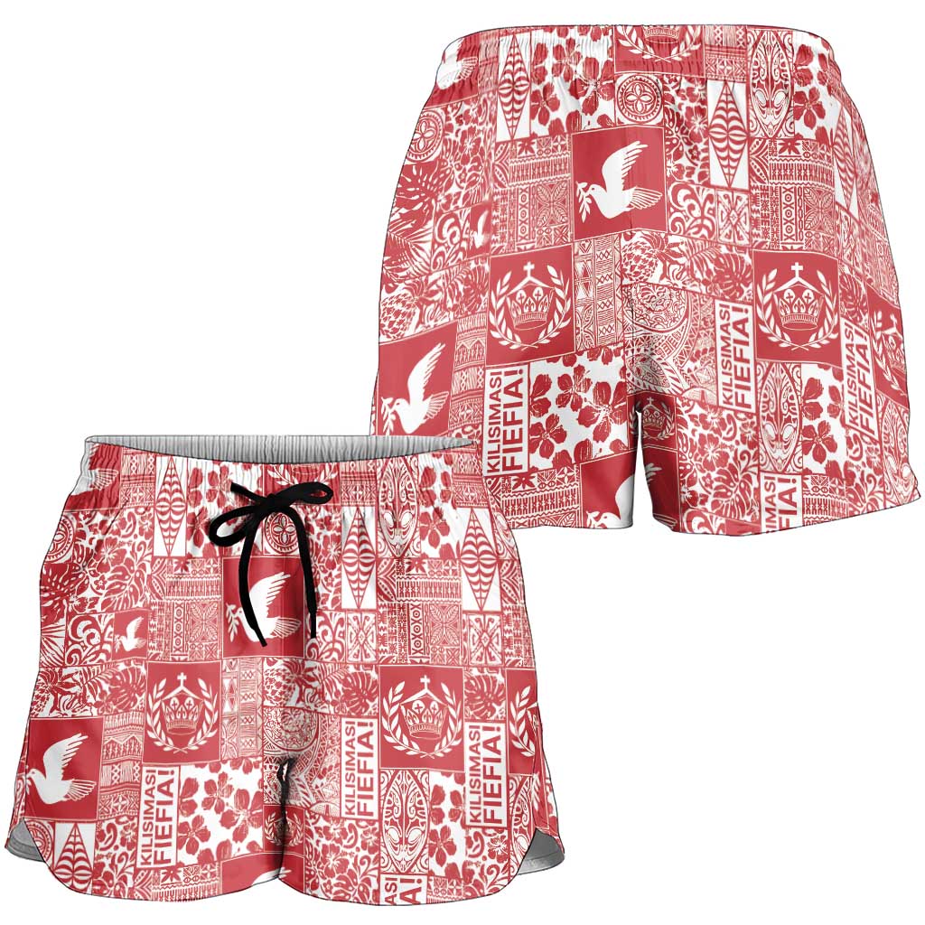 Red Tonga Kilisimasi Fiefia Shorts for Women Pacific Patchwork Xmas Vibes - Polynesian Pride