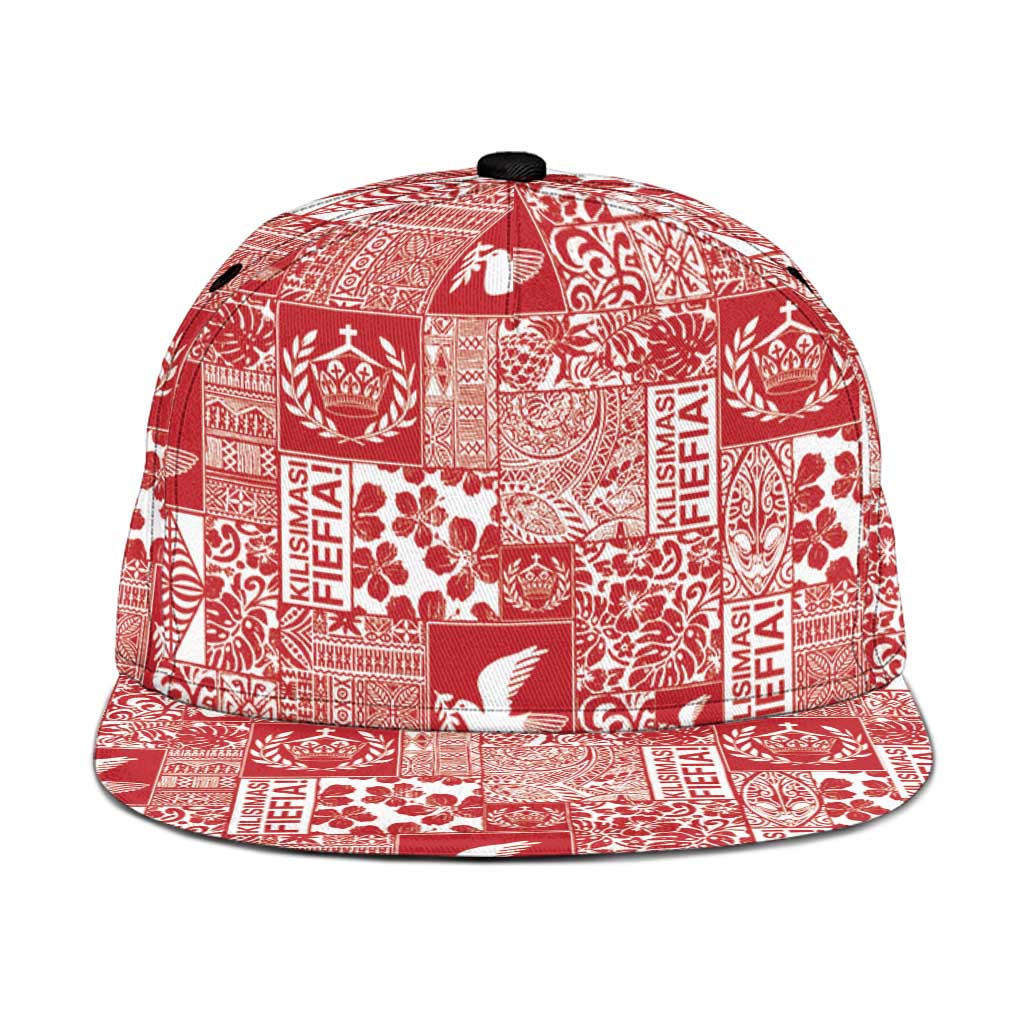 Red Tonga Kilisimasi Fiefia Snapback Cap Pacific Patchwork Xmas Vibes - Polynesian Pride
