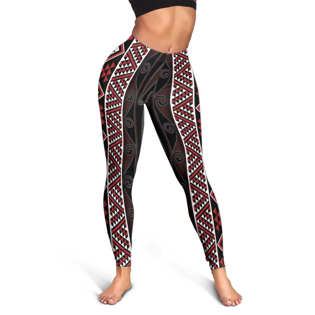 Red Tukutuku Pattern Aotearoa Leggings Niho Taniwha and Puhoro Motifs LT7