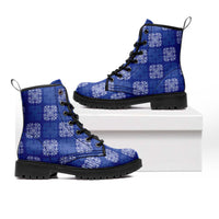Royal Blue Palaka Quilt Hawaii Leather Boots Traditional Hawaii-plaid Pattern - Polynesian Pride