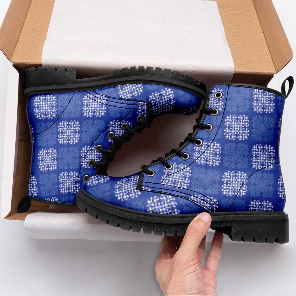 Royal Blue Palaka Quilt Hawaii Leather Boots Traditional Hawaii-plaid Pattern - Polynesian Pride