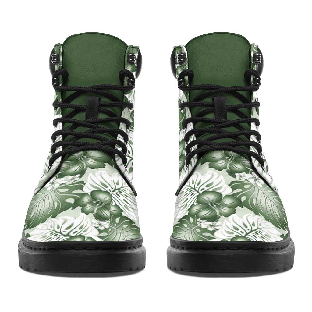 Sage Green Aloha Hawaii All Season Boots Monstera Hibiscus Plumeria Seamless Vibes - Polynesian Pride