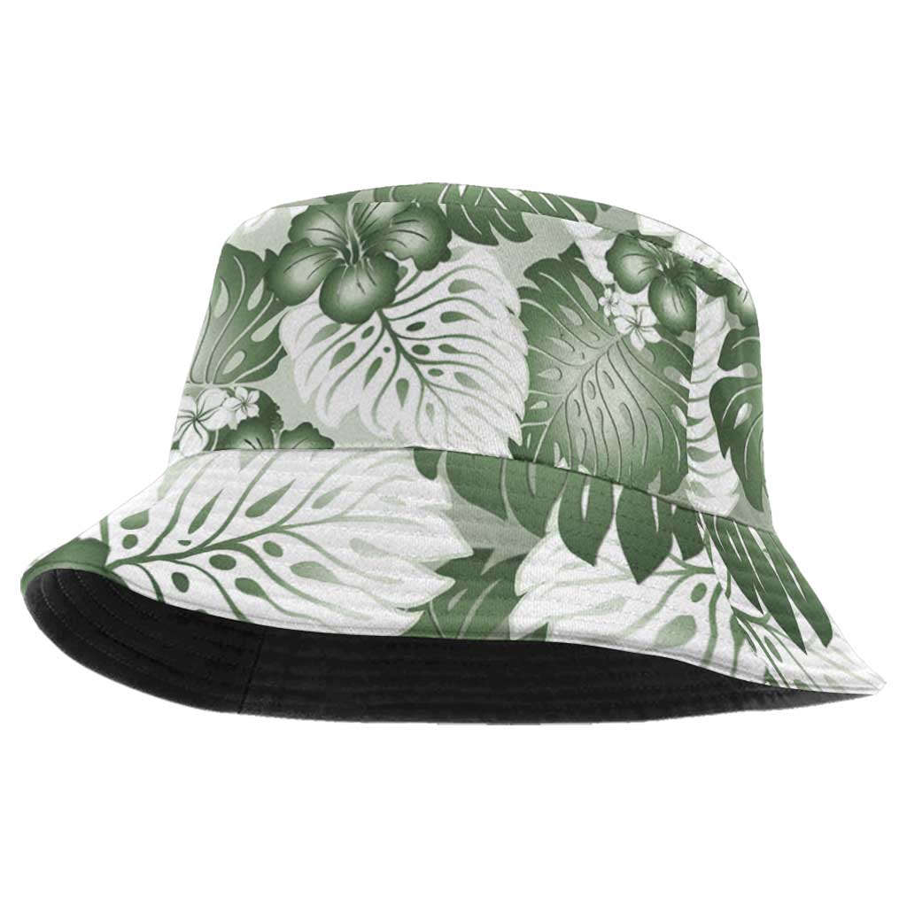 Sage Green Aloha Hawaii Bucket Hat Monstera Hibiscus Plumeria Seamless Vibes - Polynesian Pride