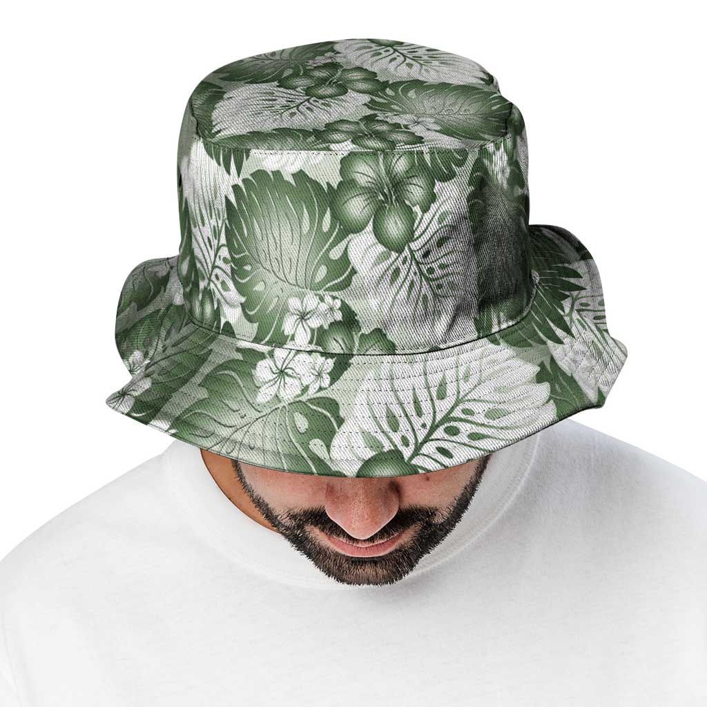 Sage Green Aloha Hawaii Bucket Hat Monstera Hibiscus Plumeria Seamless Vibes - Polynesian Pride