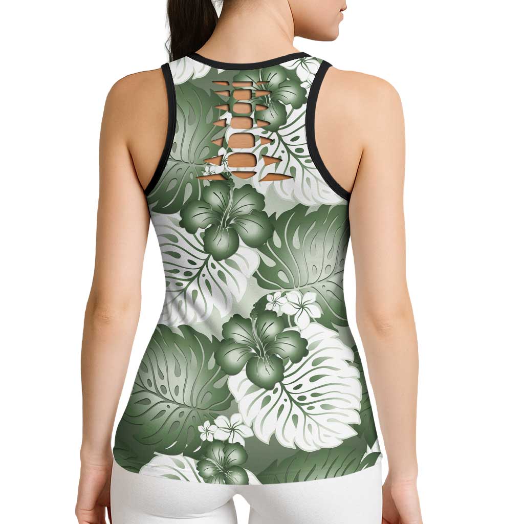 Sage Green Aloha Hawaii Hollow Tank Top Monstera Hibiscus Plumeria Seamless Vibes - Polynesian Pride