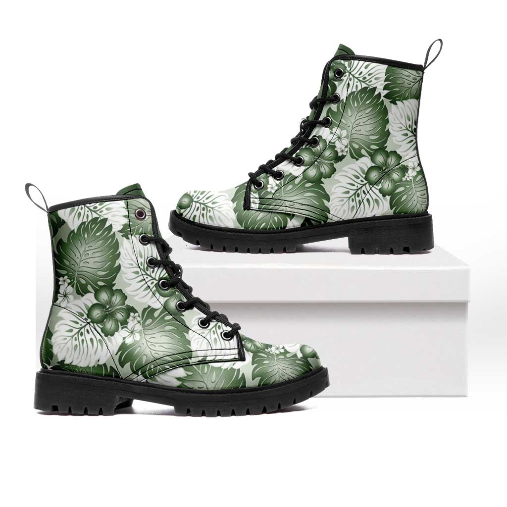 Sage Green Aloha Hawaii Leather Boots Monstera Hibiscus Plumeria Seamless Vibes - Polynesian Pride