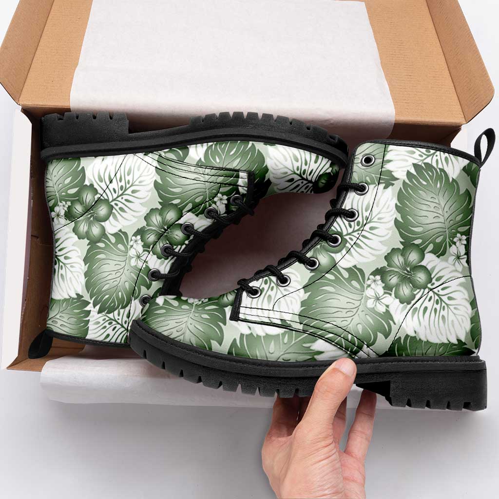 Sage Green Aloha Hawaii Leather Boots Monstera Hibiscus Plumeria Seamless Vibes - Polynesian Pride