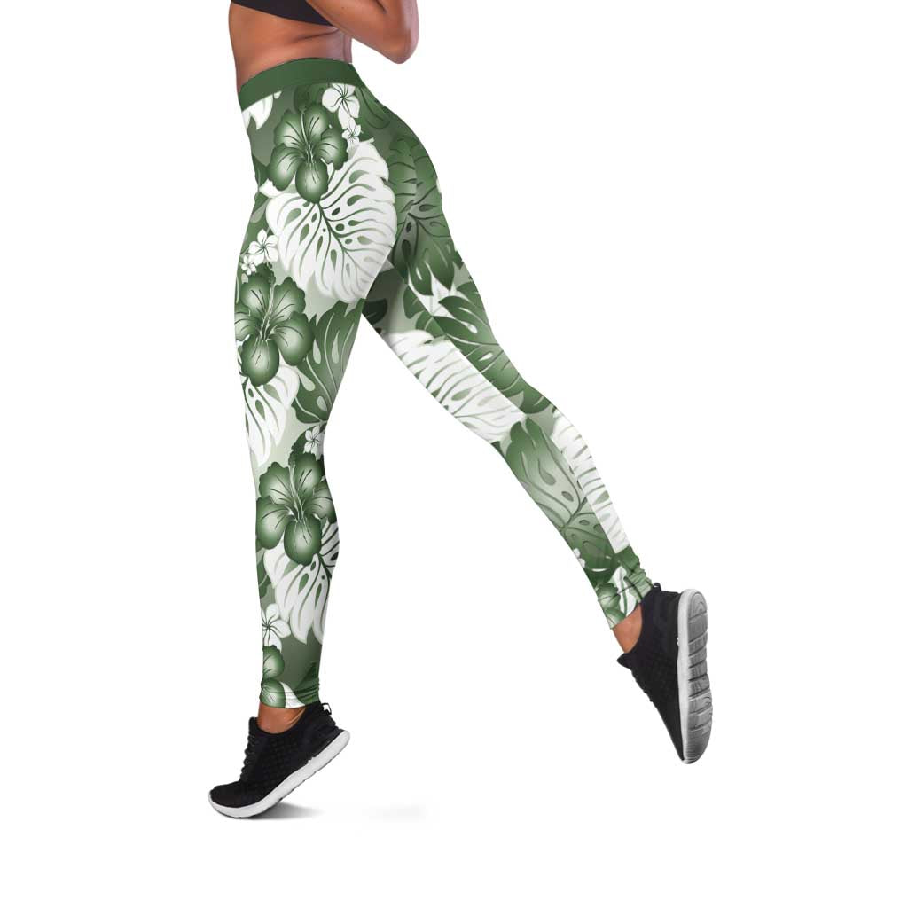 Sage Green Aloha Hawaii Leggings Monstera Hibiscus Plumeria Seamless Vibes - Polynesian Pride