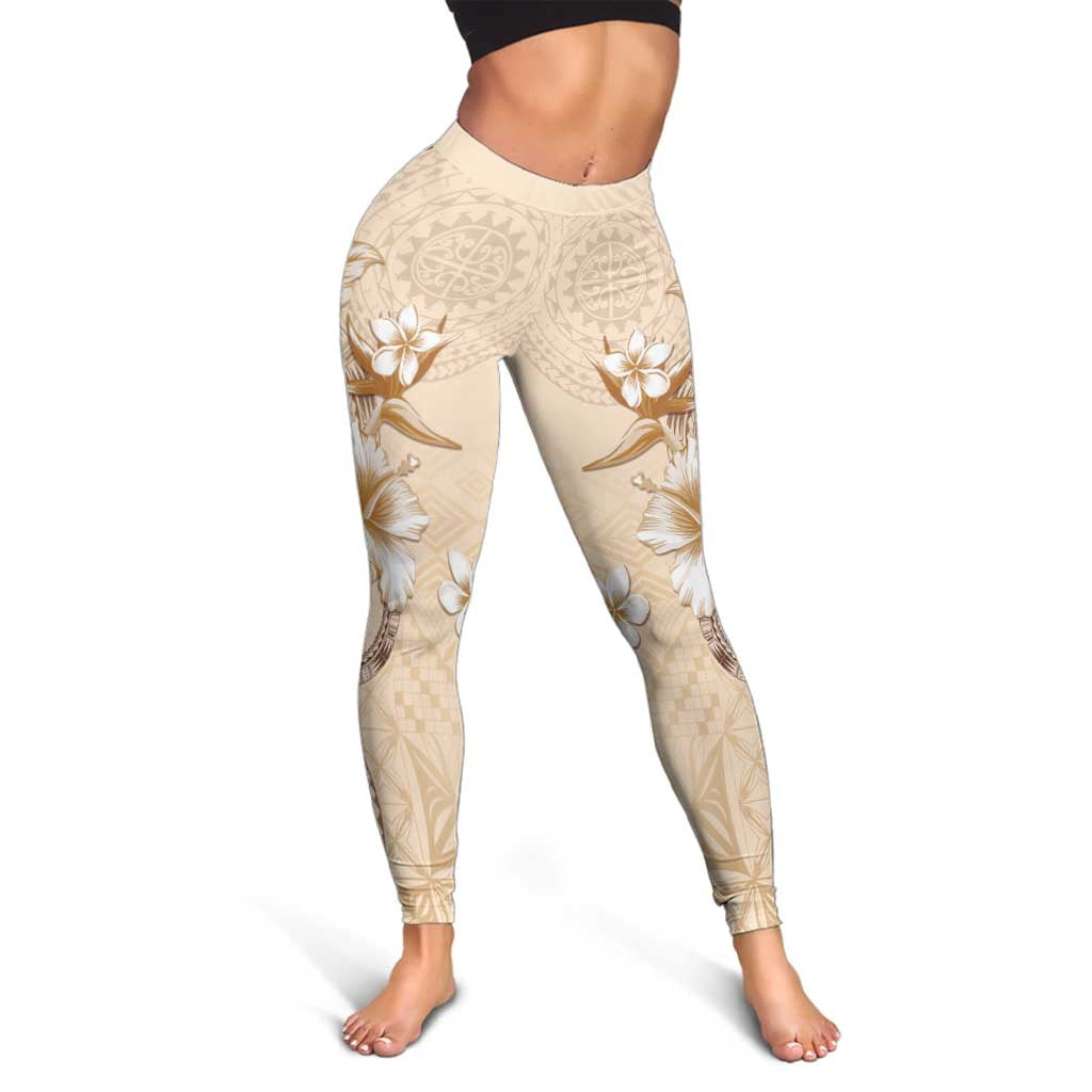 Samoa Siapo Pattern With Beige Hibiscus Leggings - Polynesian Pride