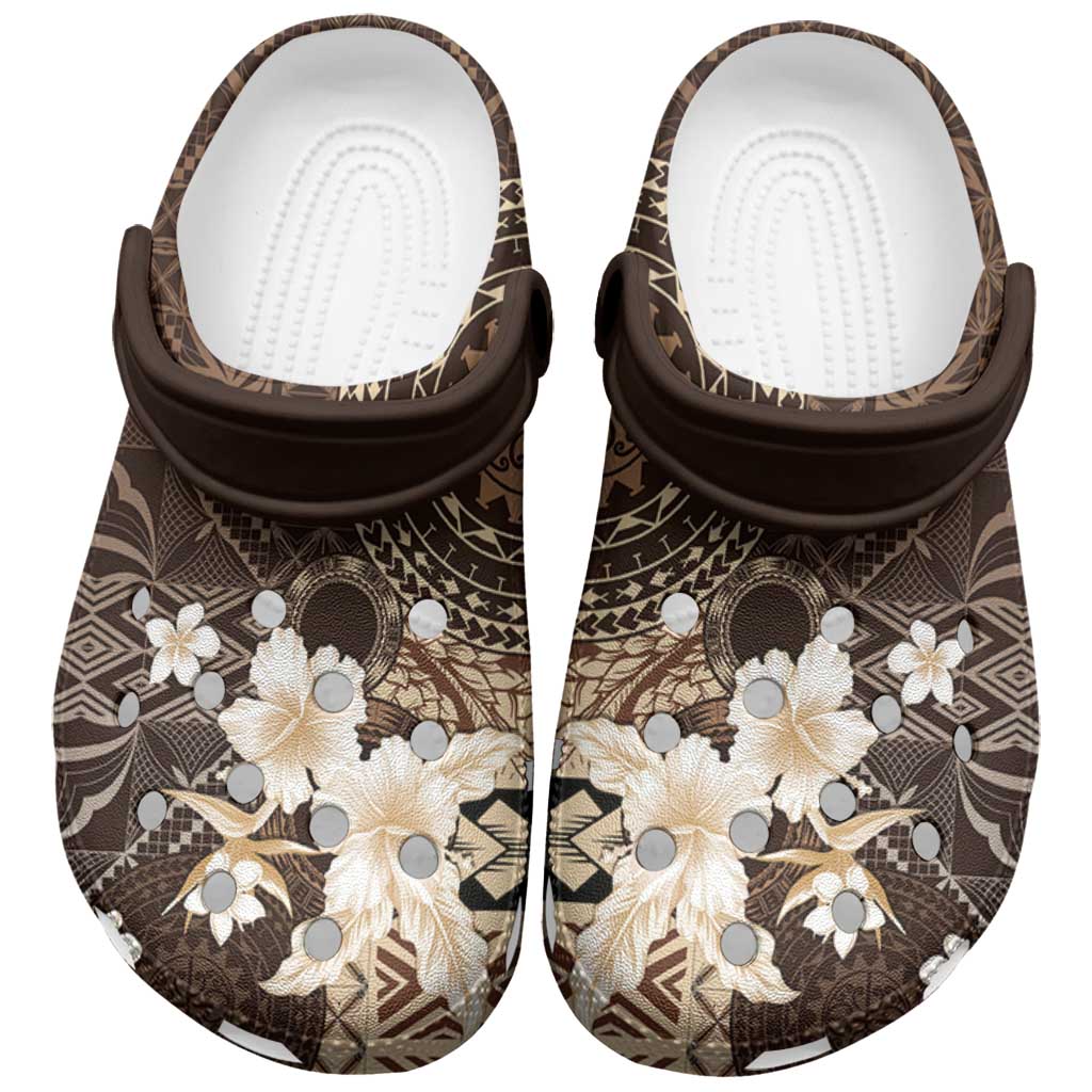 Samoa Siapo Pattern With Brown Hibiscus Clogs Shoes - Polynesian Pride