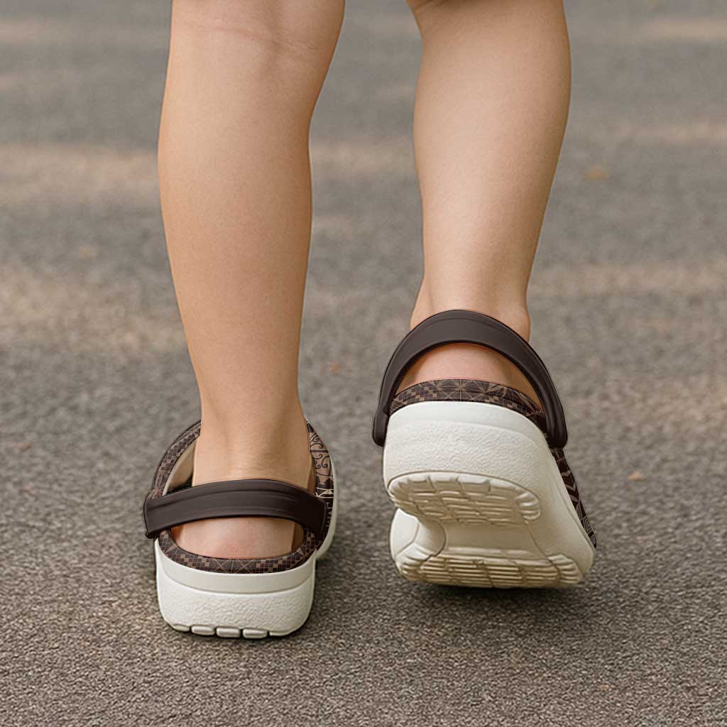 Samoa Siapo Pattern With Brown Hibiscus Clogs Shoes - Polynesian Pride