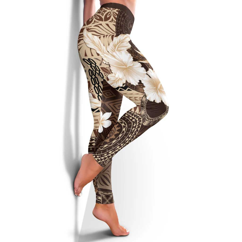 Samoa Siapo Pattern With Brown Hibiscus Leggings - Polynesian Pride