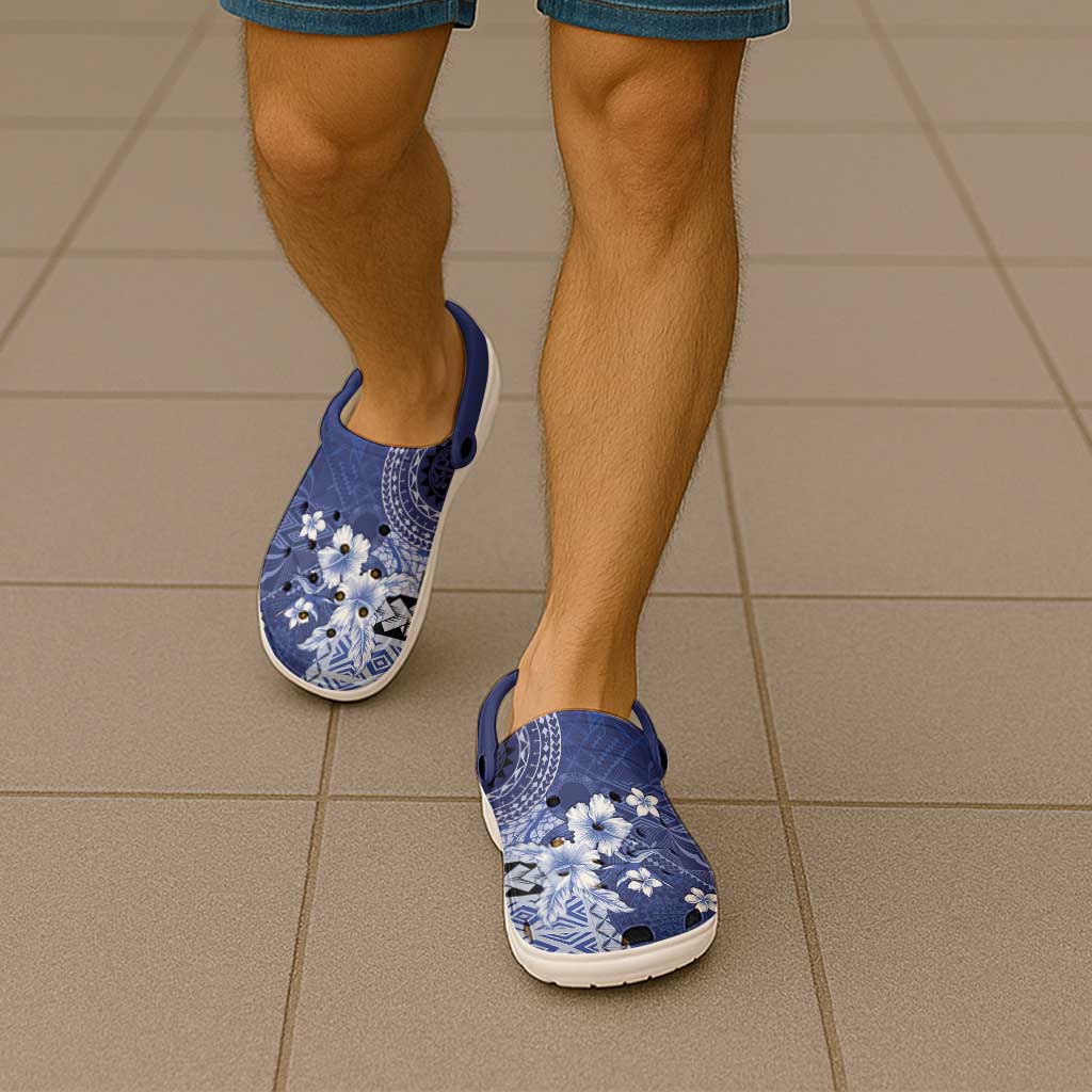 Samoa Siapo Pattern With Navy Hibiscus Clogs Shoes - Polynesian Pride