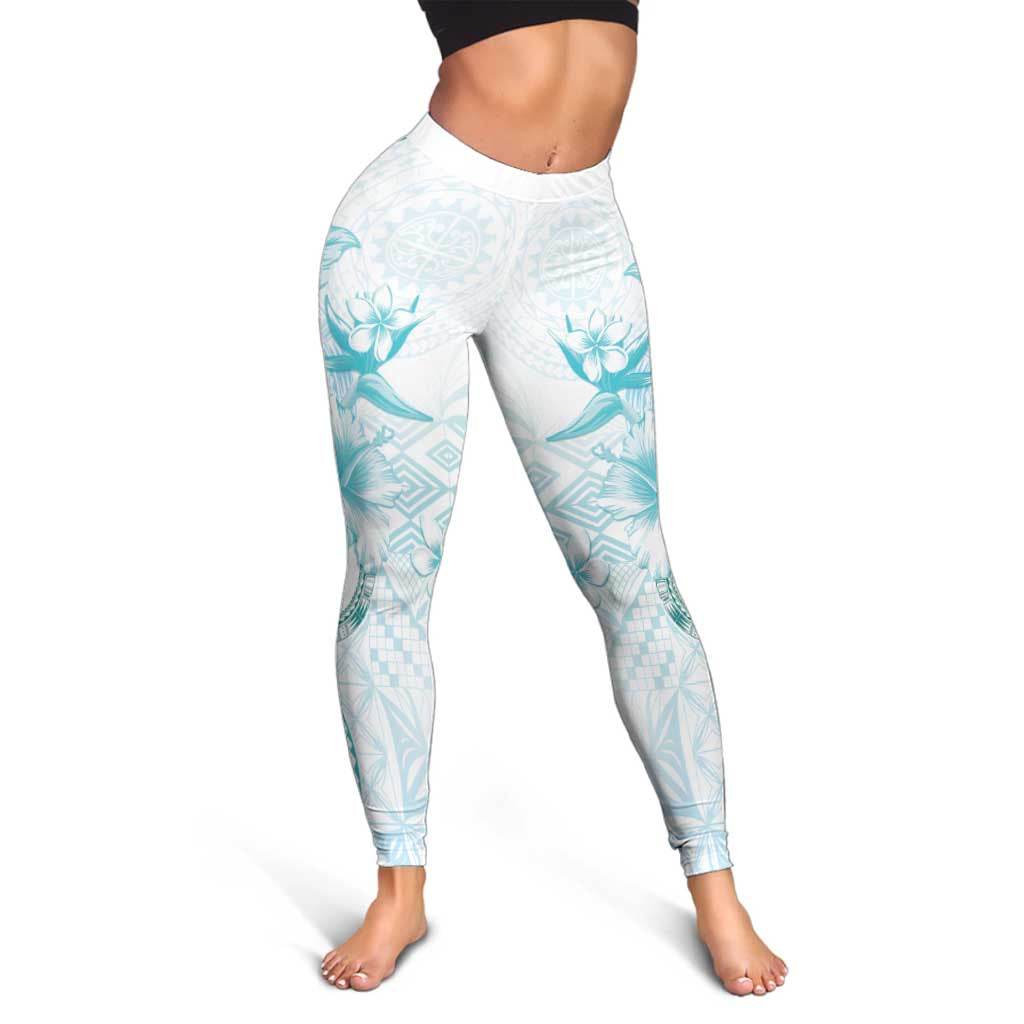 Samoa Siapo Pattern With Teal Hibiscus Leggings - Polynesian Pride