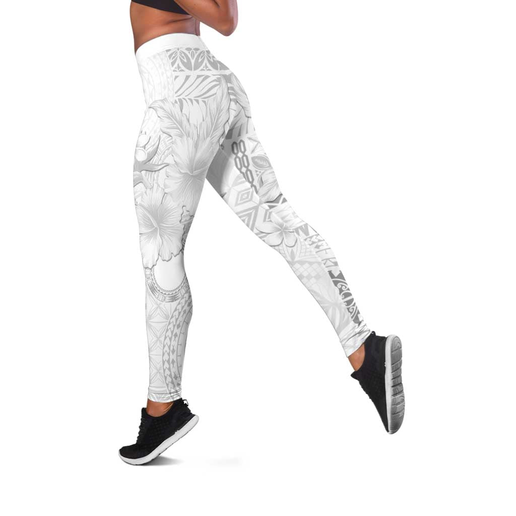 Samoa Siapo Pattern With White Hibiscus Leggings - Polynesian Pride