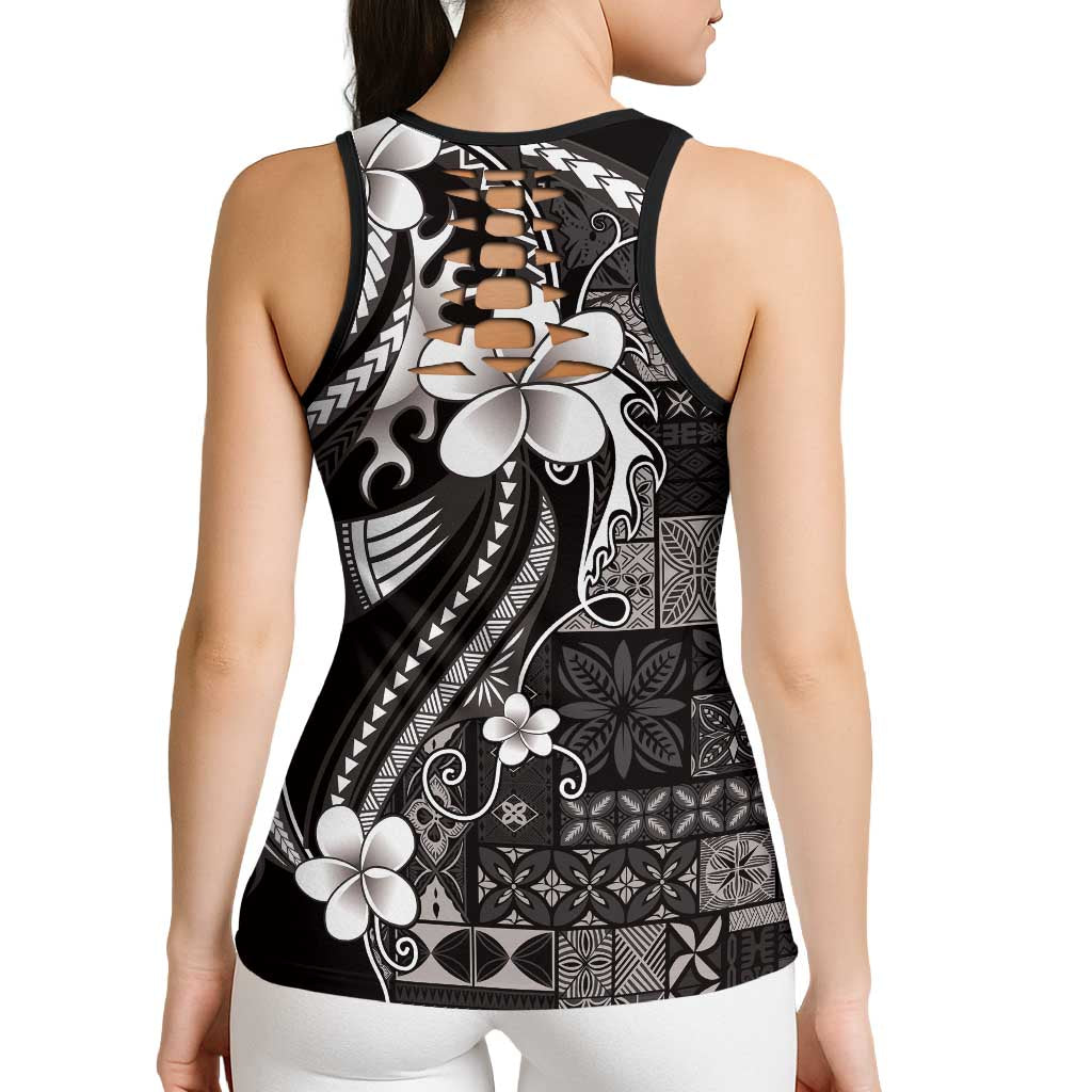 Samoa Siapo Tribal Pattern Hollow Tank Top Black Polynesian Plumeria Tapa Motif