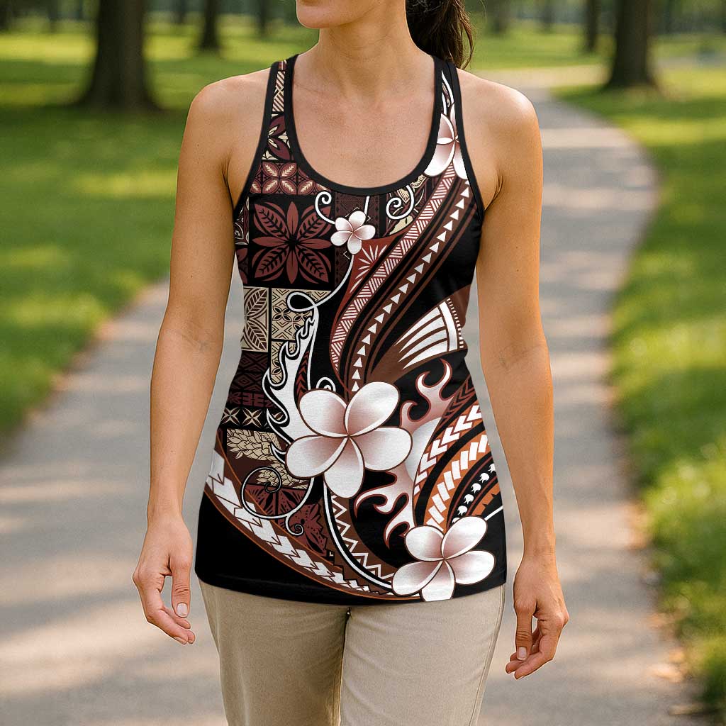 Samoa Siapo Tribal Pattern Hollow Tank Top Brown Polynesian Plumeria Tapa Motif